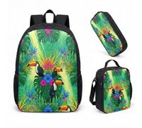 Sac à dos Electro-Jungle avec trousse et sac isotherme - Set 3 en 1, Design Toucan Néon, Style Maximaliste pour Citadins et Étudiants