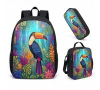 Sac à dos Electro-Jungle avec trousse et sac isotherme - Set 3 en 1, Design Toucan Néon, Style Maximaliste pour Citadins et Étudiants