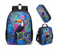 Sac à dos Electro-Jungle avec trousse et sac isotherme - Set 3 en 1, Design Toucan Néon, Style Maximaliste pour Citadins et Étudiants