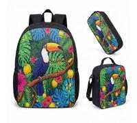 Sac à dos Electro-Jungle avec trousse et sac isotherme - Set 3 en 1, Design Toucan Néon, Style Maximaliste pour Citadins et Étudiants