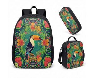 Sac à dos Electro-Jungle avec trousse et sac isotherme - Set 3 en 1, Design Toucan Néon, Style Maximaliste pour Citadins et Étudiants