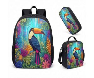 Sac à dos Electro-Jungle avec trousse et sac isotherme - Set 3 en 1, Design Toucan Néon, Style Maximaliste pour Citadins et Étudiants