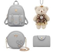 Sac à dos en cuir avec nœud papillon 3 pièces, Gris avec des fleurs, Medium, Tendance