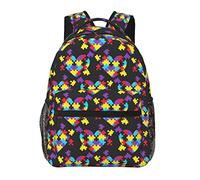 Sac à dos en polyester durable pour sport, voyage, course à pied, grande capacité, antivol, sac de transport polyvalent, sensibilisation à l'autisme, puzzle coloré, amour, cœur, noir, sac à dos pour