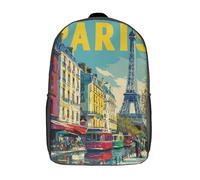 Sac à dos enfant imprimé en 3D, motif rues parisiennes colorées, sac d'école grande capacité, idéal pour les voyages et les livres, pour garçons, élèves du primaire et du collège (17 pouces).