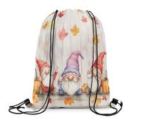 Sac À Dos Gnomes Mignons, Citrouille d'automne, Feuilles D'Érable, Rayures Rustiques en Bois Sacs À Cordon Imperméable Gym Sack Réglable Sac De Sport pour Vacances Voyage Camping 36X42CM