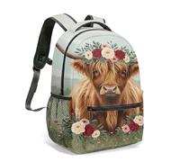 Sac à dos Highland avec couronne florale de vache - 40 cm - Impression complète à 360° - Peinture pastorale - Paysage serein - Pour l'école, les voyages, 01, L, Décontracté