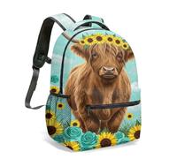Sac à dos Highland avec couronne florale de vache - 40 cm - Impression complète à 360° - Peinture pastorale - Paysage serein - Pour l'école, les voyages, 04, L, Décontracté