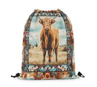 Sac À Dos Highland Cow Western Farmhouse Ethnic Tribes Rustic Farm Country Vintage Wild Animals Sac De Sport Colourful Sacs À Cordon Réglable Gym Sack pour Voyage Camping Swimming 36X42CM