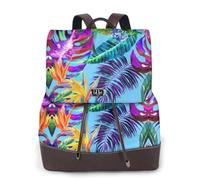 Sac à dos imperméable et léger en cuir PU avec imprimé de plantes tropicales et de fleurs roses, Noir , Taille unique