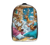 Sac à dos imprimé en 3D avec motif de rennes et bataille d'oreillers, idéal pour les enfants (filles et garçons), 43 cm (17 pouces). Ce sac à dos mignon et imperméable est imperméable et tendance.