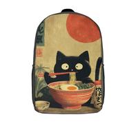 Sac à dos imprimé en 3D avec un chat japonais mangeant des nouilles - 2 sacs à dos pour enfants, mignons et imperméables, style décontracté et tendance, pour filles et garçons, 43 cm (17 pouces)