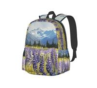 Sac à dos léger avec herbe violette sur les montagnes enneigées pour voyage, randonnée, trajets quotidiens d'affaires, sac à dos pour ordinateur portable rose pour homme et femme