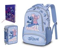 Sac à dos organisé rond Stitch bleu clair idéal pour les filles école primaire + trousse 3 étages avec papeterie + agenda 2025/2026 + 7 stylos effaçables et porte-clé Stitch
