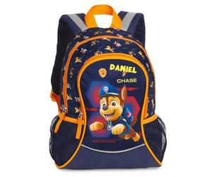 Sac à dos personnalisé Paw Patrol - Sac à dos pour enfants garçons et filles avec nom - Sac à dos de loisirs avec poches latérales en filet - Poche avant, Chase - Bleu foncé/orange, 35 x 27 x 15 cm