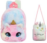 Sac À Dos Pour Enfants 2pcs, Peluche Licorne Cat Sac A Dos Peluche Avec Petit Sac À Bandoulière, Sac A Dos Kawaii De 3 À 8 Ans Cadeau D'anniversaire Pour La Maternelle