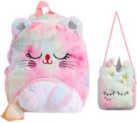 Sac À Dos Pour Enfants 2pcs, Peluche Licorne Cat Sac A Dos Peluche Avec Petit Sac À Bandoulière, Sac A Dos Kawaii De 3 À 8 Ans Cadeau D'anniversaire Pour La Maternelle