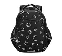 Sac à dos pour enfants, étoiles blanches, lunes, noir, sac à dos pour école primaire, Étoiles blanches lunes noires, 17 Inch, Classique