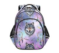 Sac à dos pour enfants, Galaxy Wolf Dreamcatcher Sac à dos pour école primaire, Attrape-rêves loup galaxie, 15 Inch, Classique