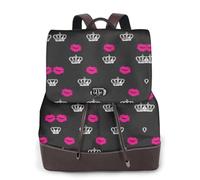Sac à dos pour femme avec imprimé couronne et lèvres - Imperméable - Antivol - Léger - En cuir synthétique - Tendance - En nylon - Pour l'école, le voyage, Sac Ado, Noir , Taille unique