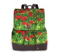 Sac à dos pour femme avec imprimé paysage de coquelicot rouge, motif ferme, prairie, imperméable, antivol, léger, en cuir PU, sac à bandoulière en nylon, sac à dos d'école, sac à dos de voyage, Noir ,
