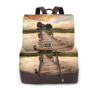 Sac à dos pour femme avec imprimé pont de lac - Étanche - Antivol - Léger - En cuir synthétique - Tendance - En nylon - Pour l'école, le voyage, Noir , Taille unique