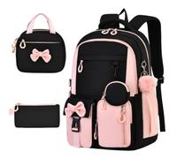 Sac à dos pour fille 3 pièces, nœud mignon, beaucoup d'espace de rangement, boîte à déjeuner, rose clair, Siehe Beschreibung, Voir description
