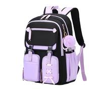 Sac à dos pour filles avec boîte à déjeuner et trousse à crayons - Cartable pour enfants - Cartable pour enfants - Pour école primaire, Style ruban + noir + violet