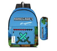 Sac à dos pour garçon, fille avec trousse à crayons, 2 pièces ensemble sac à dos Minecraft Sac à dos pour enfant,40x30x17cm,Bleu