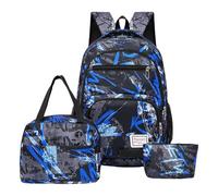 Sac à dos pour homme et adolescent - Ensemble de 3 pièces avec imprimé abstrait - Grande capacité - Sac à dos avec sac à déjeuner et trousse à crayons - Pour tous les jours, l'école, les voyages, Bleu