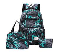 Sac à dos pour homme et adolescent - Ensemble de 3 pièces avec imprimé abstrait - Grande capacité - Sac à dos avec sac à déjeuner et trousse à crayons - Pour tous les jours, l'école, les voyages, Vert