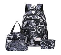Sac à dos pour homme et adolescent - Ensemble de 3 pièces avec imprimé abstrait - Grande capacité - Sac à dos avec sac à déjeuner et trousse à crayons - Pour tous les jours, l'école, les voyages, Noir