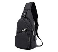 Sac à dos pour homme et femme - Sac à dos à bandoulière avec câble USB - Pour randonnée, camping, voyage en plein air - Sac à bandoulière en cuir pour homme, Noir , Taille unique