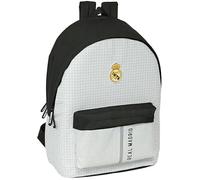 safta Real Madrid 1ère équipe 24/25 - Sac à dos pour ordinateur portable 15,6" et USB, idéal pour les jeunes de différents âges, tissu recyclé, confortable et polyvalent, 31 x 18 x 44 cm, Blanc/gris,