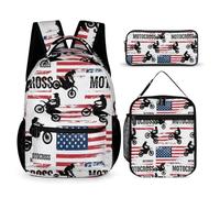 Sac à dos pour ordinateur portable Drapeau américain Motocross Sport Moto (2) Ensemble de sacs à dos avec sac à lunch et sac de rangement Ensemble de sacs à dos avec boîte à lunch et sacs à cosmétiqu