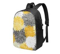 Sac à dos pour ordinateur portable motif chrysanthème jaune et gris, sac à dos de voyage résistant à l'eau de 43,2 cm avec port de charge USB, sac d'école, de travail pour homme et femme