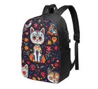 Sac à dos pour ordinateur portable motif tête de mort chat Halloween fleur sac à dos de voyage 43,2 cm résistant à l'eau avec port de charge USB sac à dos d'école, sac de travail pour femme et homme