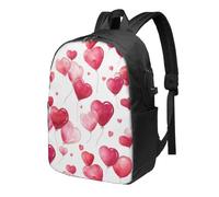 Sac à dos pour ordinateur portable romantique en forme de cœur rose rouge 43,2 cm résistant à l'eau avec port de charge USB Sac à dos d'école, sac de travail pour femme et homme