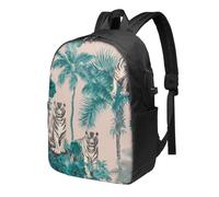 Sac à dos pour ordinateur portable Tiger Palm Tree - Sac à dos de voyage résistant à l'eau de 43,2 cm - Avec port de charge USB - Pour l'école, le travail - Pour homme et femme