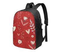 Sac à dos pour ordinateur portable Valentine - Motif feuilles et cœurs - 43,2 cm - Résistant à l'eau - Avec port de charge USB - Pour l'école et le travail - Pour homme et femme