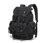 Sac À Dos Rétro En Toile Cirée Avec Coutures En Cuir De Cheval Fou, Grande Capacité, Compartiment For Ordinateur De 17,7 Pouces, Sac À Dos Unisexe Multi-poches, Voyage En Plein Air(Washed black)