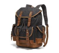 Sac À Dos Rétro En Toile Cirée Avec Coutures En Cuir De Cheval Fou, Grande Capacité, Compartiment For Ordinateur De 17,7 Pouces, Sac À Dos Unisexe Multi-poches, Voyage En Plein Air(Waxed black 2)
