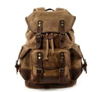 Sac À Dos Rétro En Toile Cirée Avec Coutures En Cuir De Cheval Fou, Grande Capacité, Compartiment For Ordinateur De 17,7 Pouces, Sac À Dos Unisexe Multi-poches, Voyage En Plein Air(Waxed khaki)