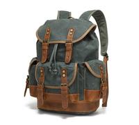 Sac À Dos Rétro En Toile Cirée Avec Coutures En Cuir De Cheval Fou, Grande Capacité, Compartiment For Ordinateur De 17,7 Pouces, Sac À Dos Unisexe Multi-poches, Voyage En Plein Air(Waxed lake green)