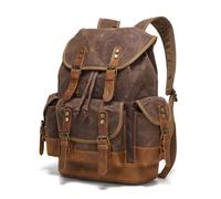 Sac À Dos Rétro En Toile Cirée Avec Coutures En Cuir De Cheval Fou, Grande Capacité, Compartiment For Ordinateur De 17,7 Pouces, Sac À Dos Unisexe Multi-poches, Voyage En Plein Air(Waxed coffee 2)