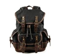 Sac À Dos Rétro En Toile Cirée Avec Coutures En Cuir De Cheval Fou, Grande Capacité, Compartiment For Ordinateur De 17,7 Pouces, Sac À Dos Unisexe Multi-poches, Voyage En Plein Air(Waxed black)