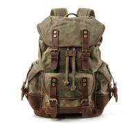 Sac À Dos Rétro En Toile Cirée Avec Coutures En Cuir De Cheval Fou, Grande Capacité, Compartiment For Ordinateur De 17,7 Pouces, Sac À Dos Unisexe Multi-poches, Voyage En Plein Air(Waxed army green)