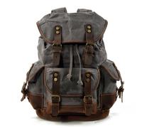 Sac À Dos Rétro En Toile Cirée Avec Coutures En Cuir De Cheval Fou, Grande Capacité, Compartiment For Ordinateur De 17,7 Pouces, Sac À Dos Unisexe Multi-poches, Voyage En Plein Air(Waxed dark grey)