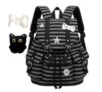 Sac à dos rétro motif chat rayé rétro du début des années 2000 | Rayures noires, fermeture magnétique, comprend un pendentif chat et une pince en os, plusieurs poches pour adolescentes