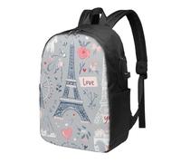 Sac à dos romantique pour ordinateur portable Motif Tour Eiffel Paris 43,2 cm Résistant à l'eau Avec port de charge USB Sac à dos d'école, de travail pour homme et femme